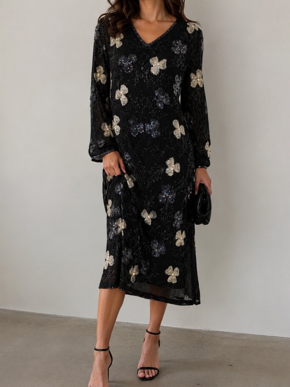 Vintage Black Silk Beaded Floral Midi Dress Long Sleeve Size Large